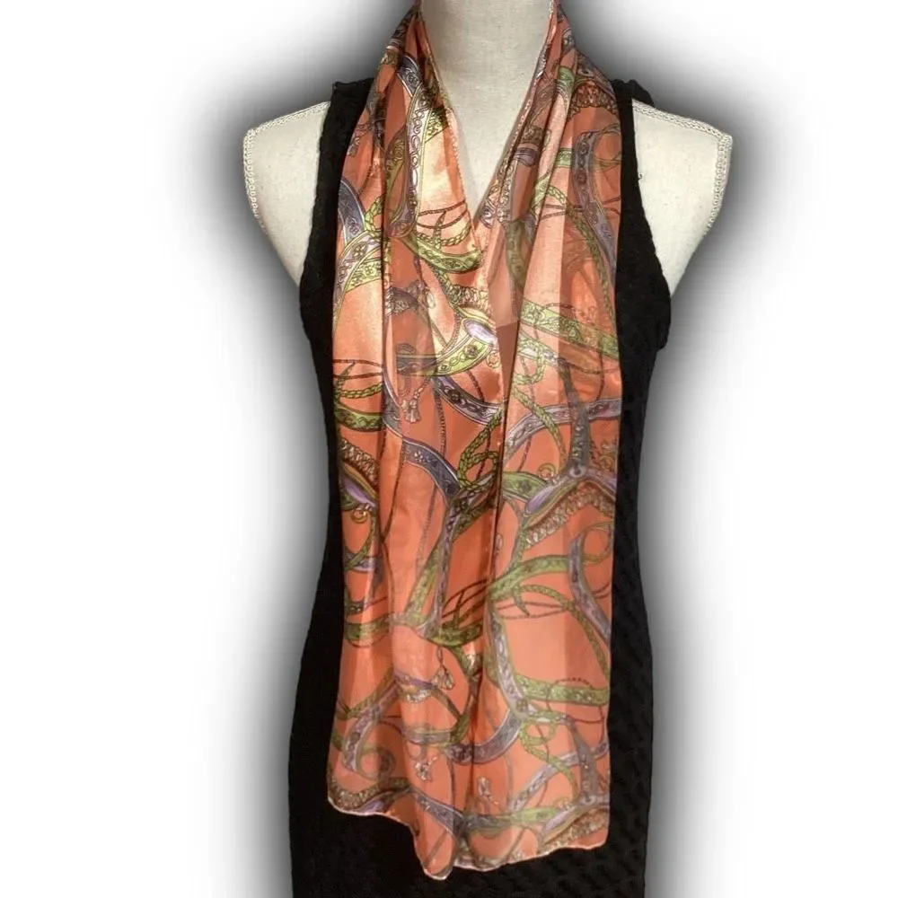 Vintage Orange Green Blue & White Ribbon & Rope Patterned Striped Silk Scarf
